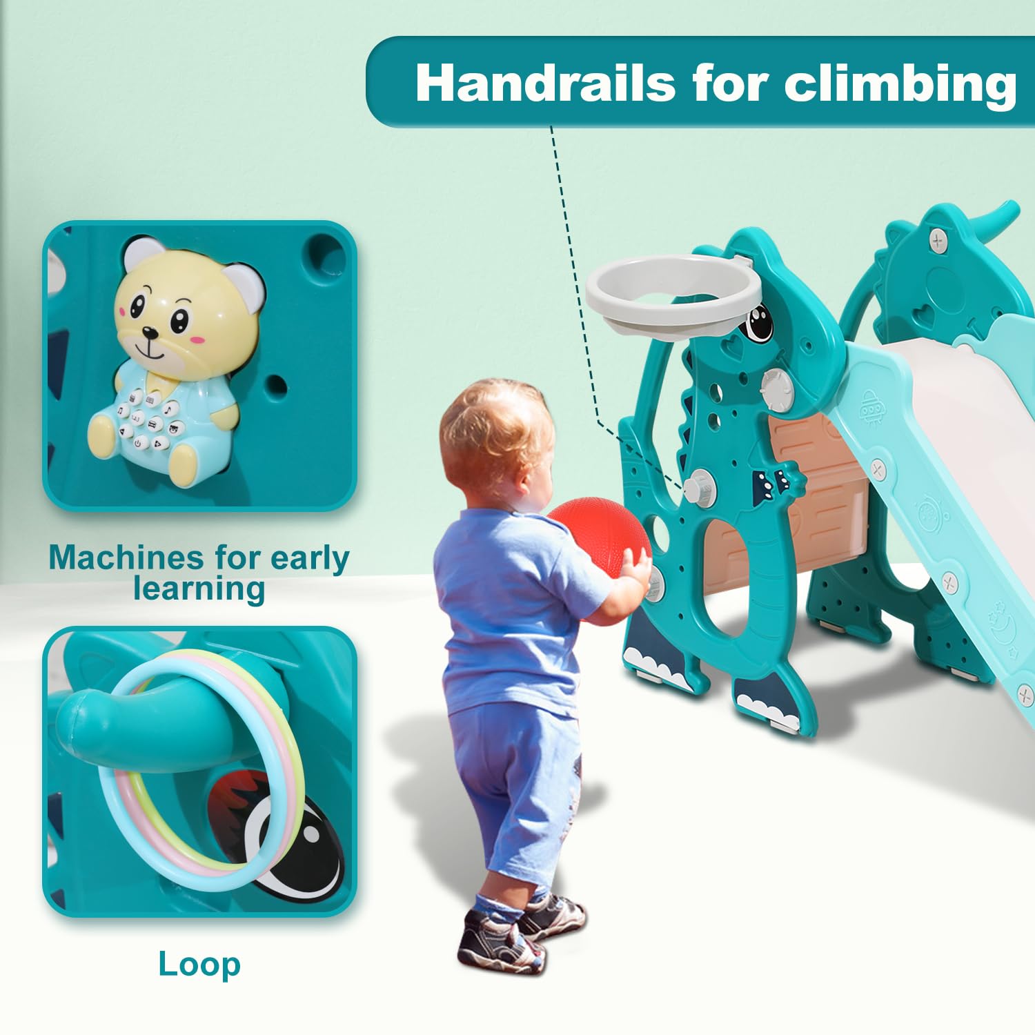 4-in-1 Kinderrutsche Faltbar mit Basketballkorb, Indoor Outdoor Baby Rutsche ab 1 Jahr - Grün