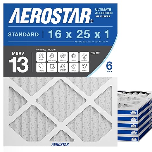 Aerostar 16x25x1 MERV 13 Pleated Air Filter, AC Furnace Air Filter, 6 Pack (Actual Size: 15 3/4" x 24 3/4" x 3/4")