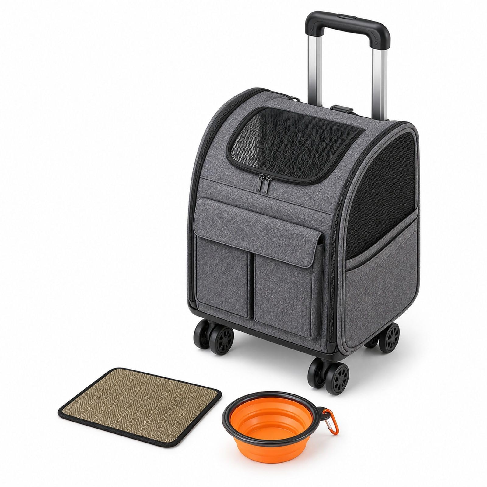 Sac de Transport à roulettes pour Chat et Chien jusqu'à 8,1 kg, Gris, avec poignée télescopique, bandoulière et gamelle Pliable