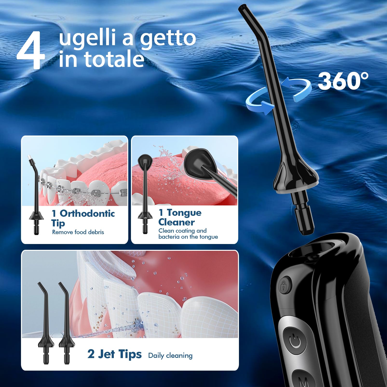 Water Flosser Elettrico Senza Fili con 4 Modalità e 4 Ugelli, Idropulsore Orale IPX7 Impermeabile, Serbatoio da 300ml, per Uso Domestico e da Viaggio - Nero