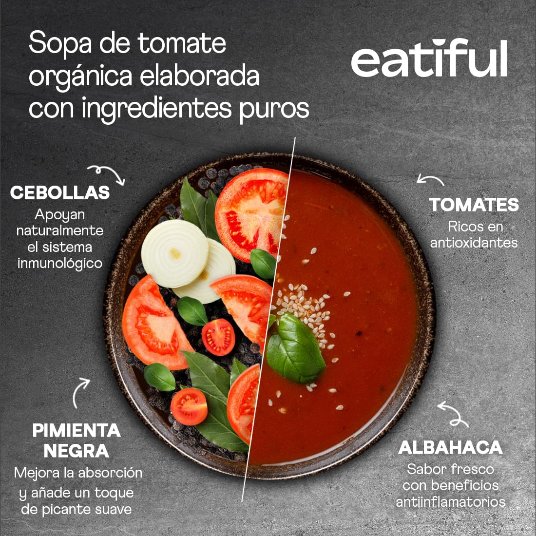EATIFUL Sopa de Tomate Orgánica, Lista para Comer, Vegana y a Base de Plantas, Sopa Cremosa de Tomates, Sin Conservantes Añadidos, Sin Gluten, NO GMO, 400g (Paquete de 1)