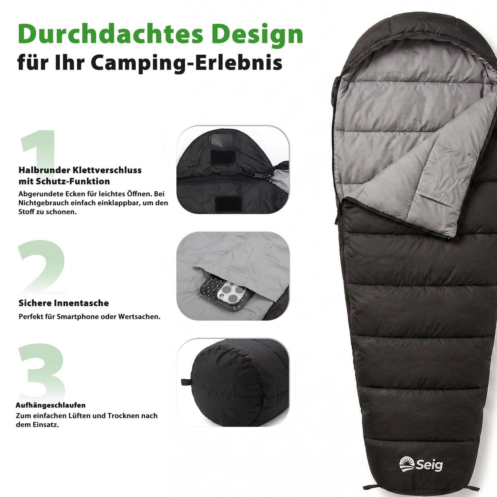 Sekey Schlafsack Erwachsene, 0,9 kg/ 1,7 kg Mumienschlafsack mit Anti-Klemm-Reißverschluss, Wasserabweisend & Reißfest, Atmungsaktiv Hautfreundlich, für Outdoor Camping & Reise, 220x80x50 cm