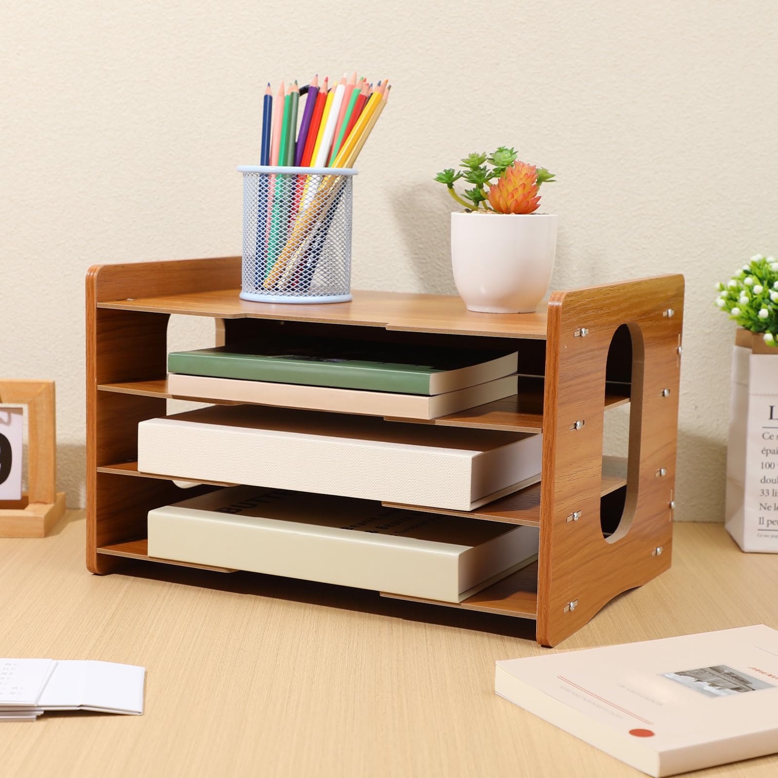 Organizzatore da Scrivania Resistente e Facile da Usare a 4 Livelli in Legno Porta Documenti Verticale per Ufficio e Area Studio
