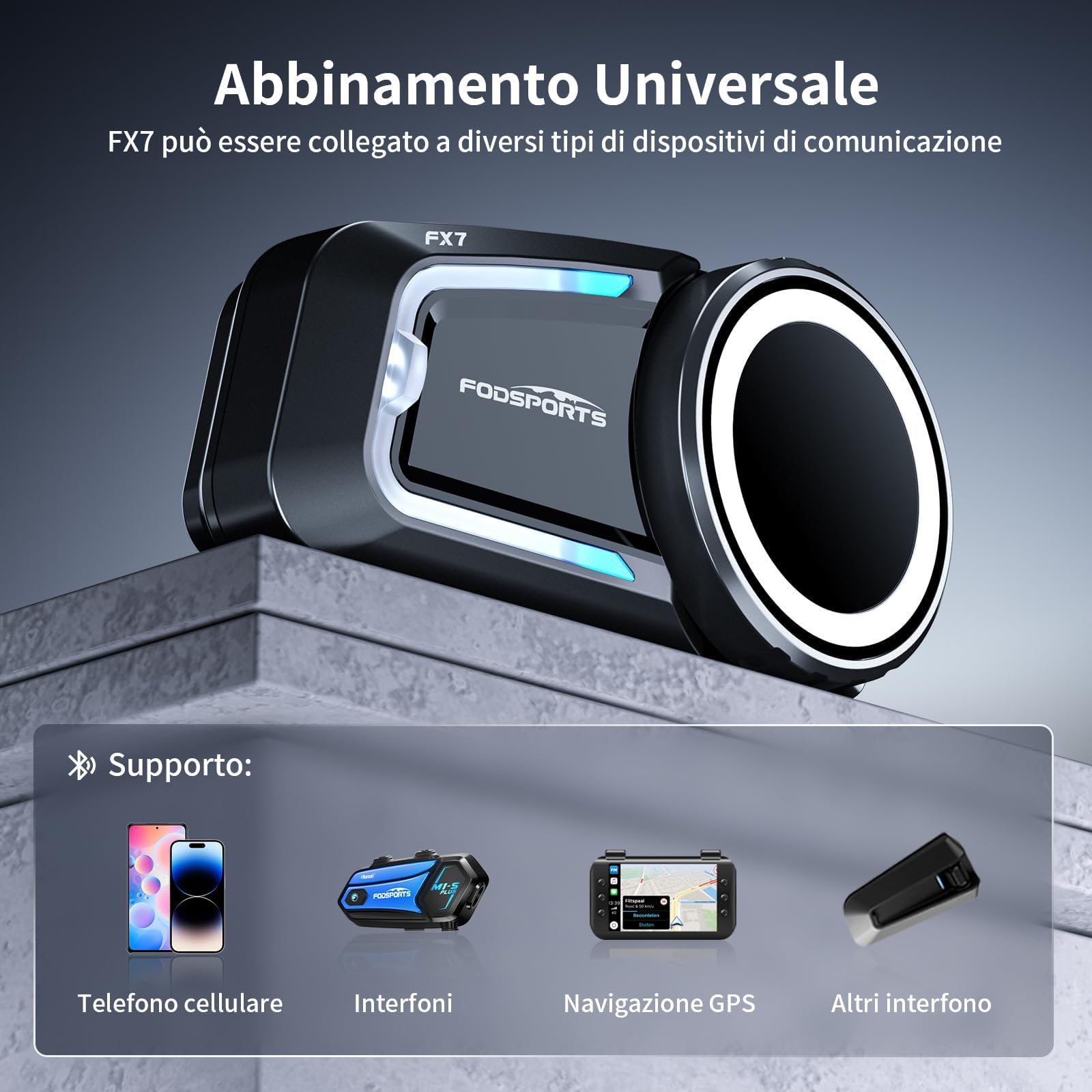 Fodsports FX7 10 - Utenti Mesh Interfono Moto Coppia | Condivisione Musicale, 2000m Interfono per Casco, Doppio Chip V5.4 Auricolari Moto con Multitasking Audio & FM