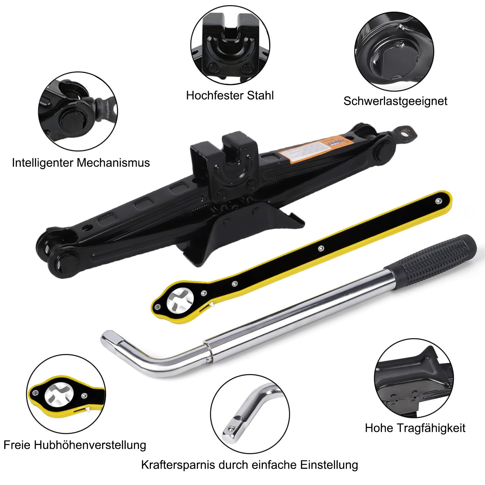 Rarapop Scherenwagenheber 2T (4.409 lbs), Tragbares Auto-Wagenheber-Set – Universelles Notfallset mit Schraubenschlüssel zum Reifenwechsel für Autos, SUV und PKW
