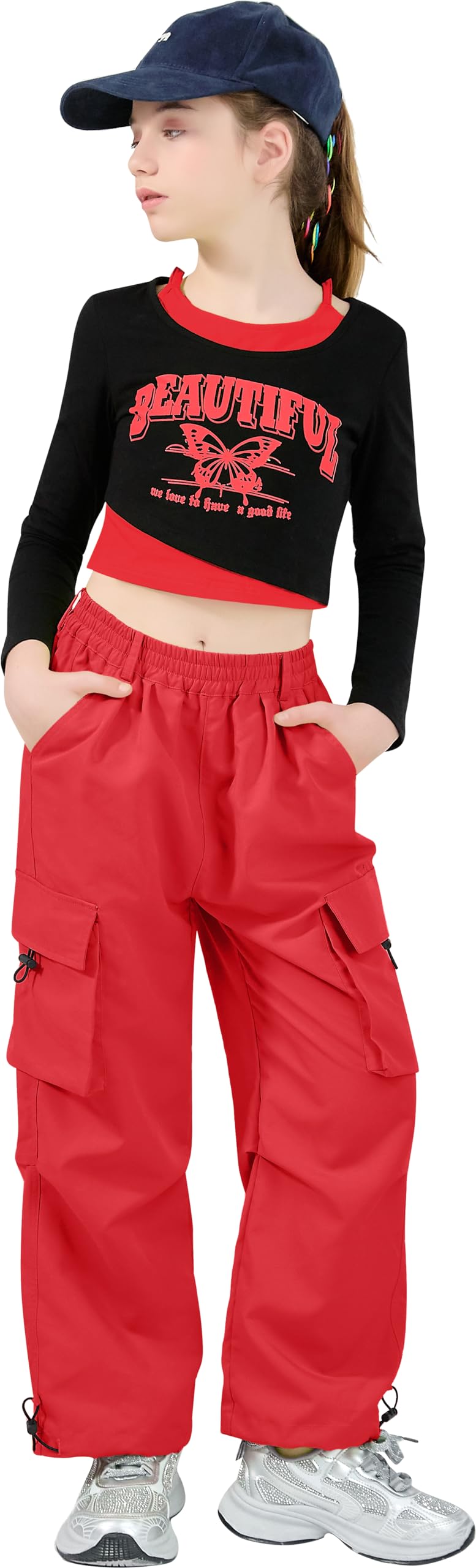LOLANTA Conjunto Hip Hop para Niñas, Top Corto Estampado & Pantalones Cargo, Conjunto de Danza, Streetwear Moderno