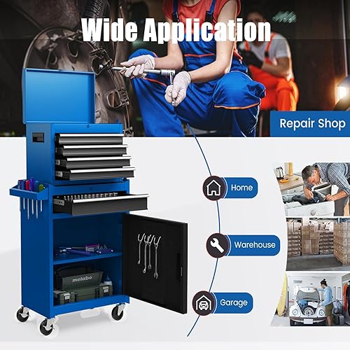 Miniatura 8 de IRONMAX Caja de herramientas con ruedas, armario de herramientas con cerradura de 5 cajones con estante ajustable y 4 ruedas universales, caja de