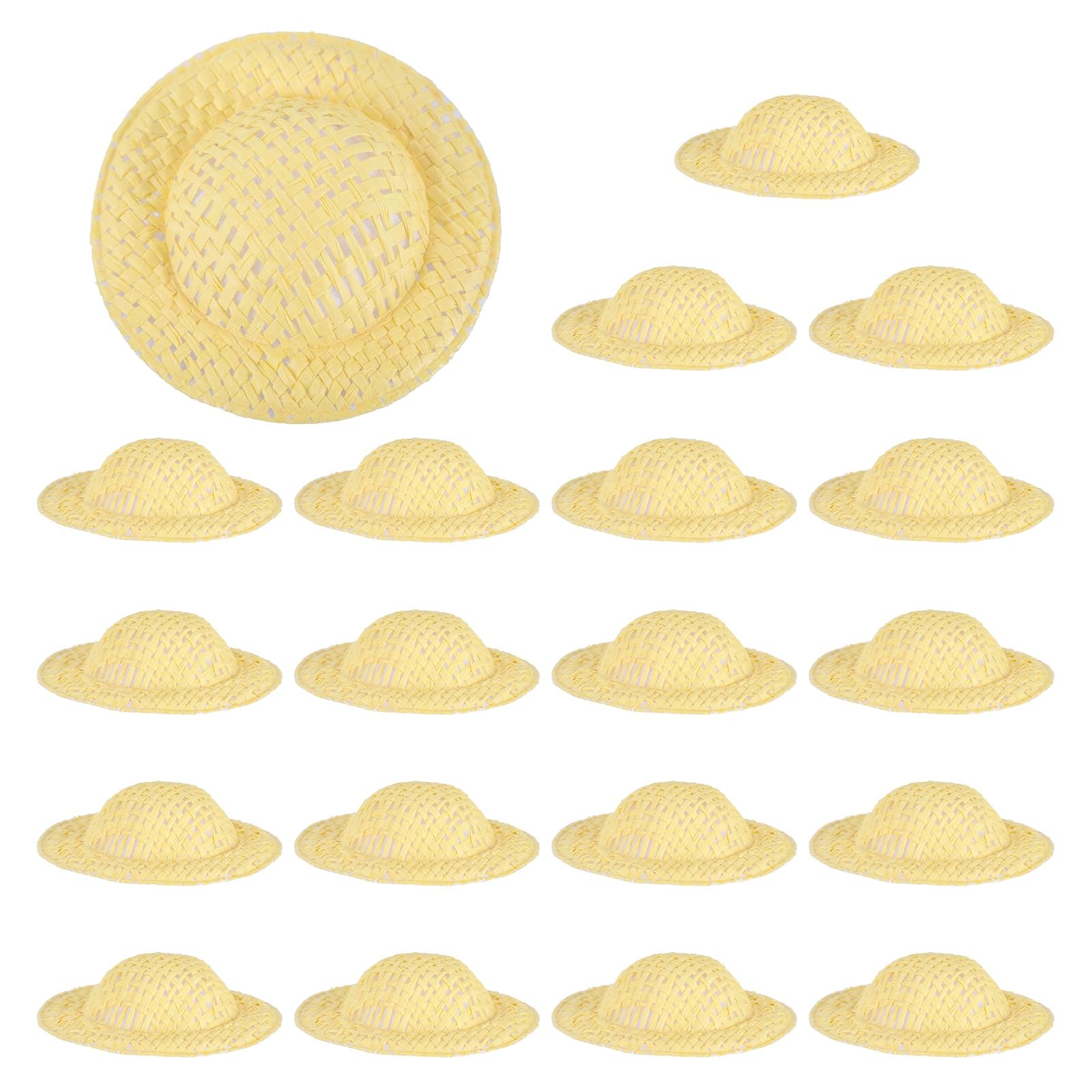 PATIKIL 20 Pcs Mini Straw Hats, 2 x 0.5 Inch Craft Doll Hats Miniature Ornaments Woven Caps for DIY Dollhouse Decoration Hair Accessories Snowman Weddings Party, Bright Yellow