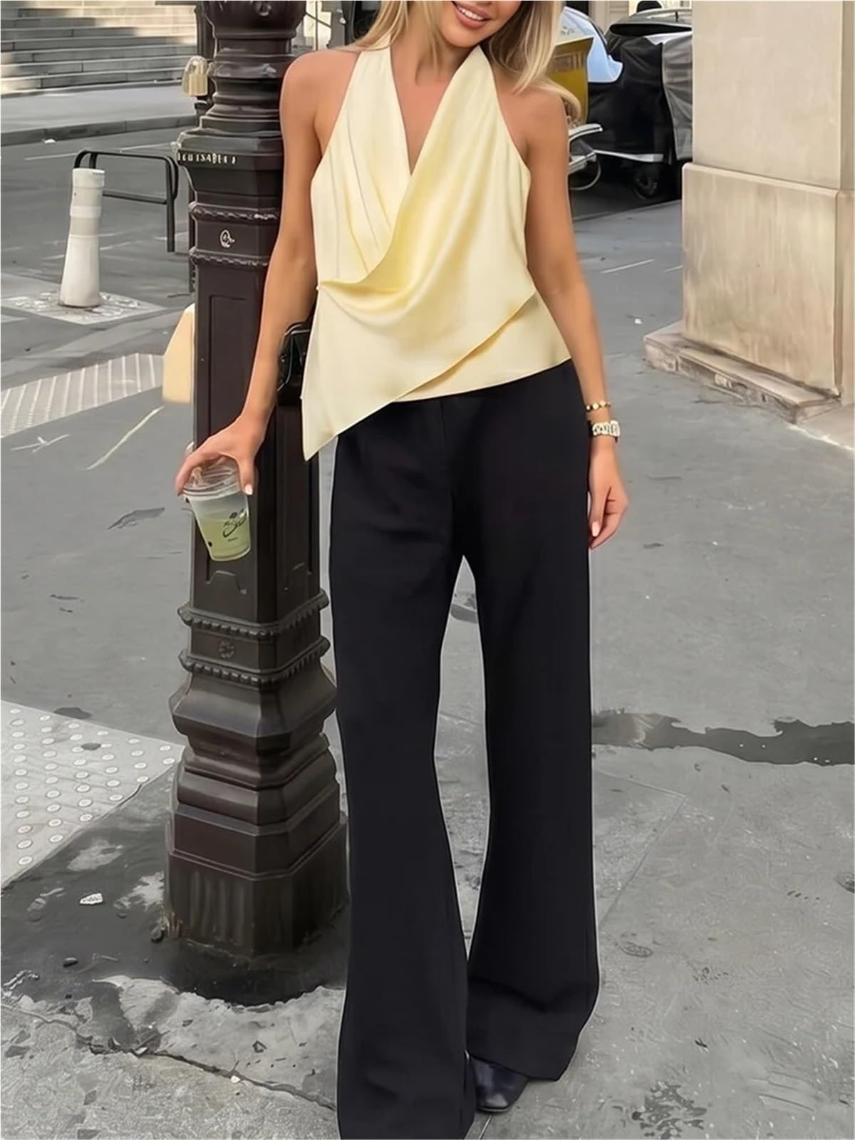 Top con Cuello Halter y Lunares de satén Cuello en V asimétrico | Camisola sin mangas sin espalda, ropa de fiesta sexy, top elegante de verano for mujer