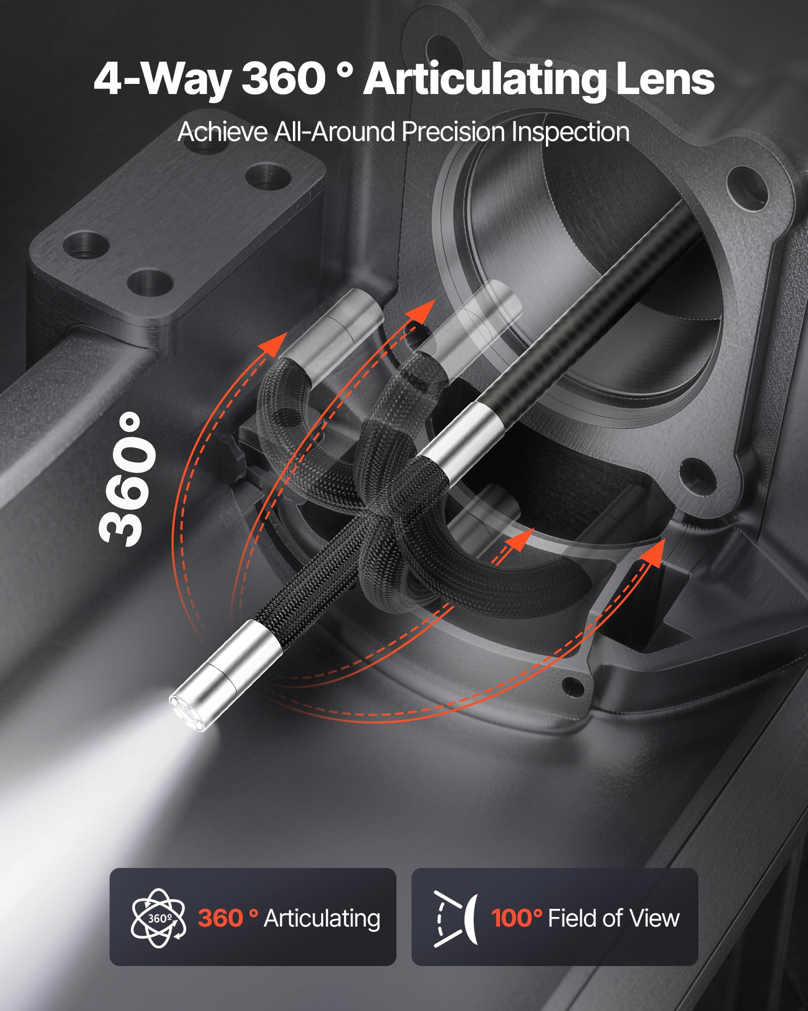 VEVOR Caméra Endoscopique 360° 4 Voies Endoscope 1080p Caméra Inspection pour Canalisation et Automobile, avec Sonde 6,2 mm, Éclairage, Écran IPS HD 4,5 Pouces, Câble Serpent Flexible 1,5 m, Zoom 8X