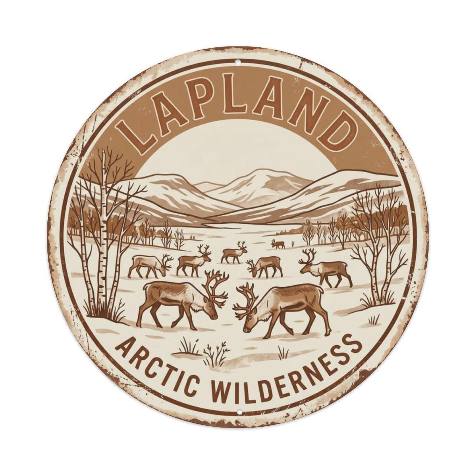 Vintage Travel Lapland Reindeer Wilderness Metal Tin Sign Plaque Wall Decor for Cafe, Club Bar, Office, Home Garden Round Metal Poster 8x8Inch