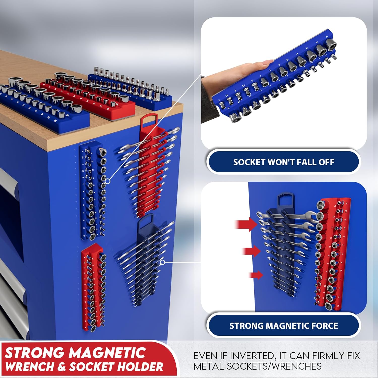 8-Piece Magnetic Socket Wrench Organizer Set, Large Capacity Wrench and Socket Holder for 1/4", 3/8", 1/2" Drive Tool Metric SAE Socket Storage, Holds 143 Pieces Sockets