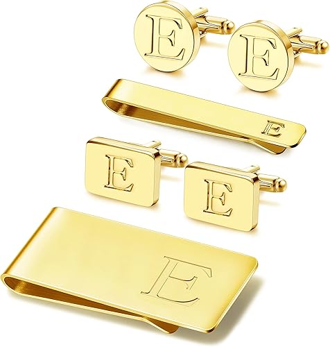 JOERICA Juego de gemelos con iniciales para hombre y clip de corbata para hombre, letras del alfabeto, cartera, clips de corbata y gemelos con caja