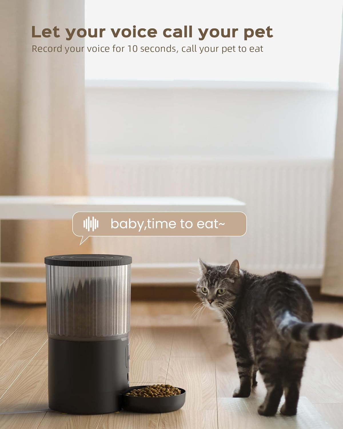 Cat looking at the UIOOQ P1-6L Automatic Pet Feeder with a speech bubble indicating a recorded voice message.