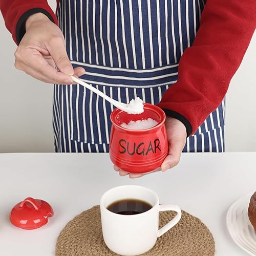 Miniatura 6 de HAOTOP Azucarero de porcelana con tapa y cuchara 12 oz (rojo)