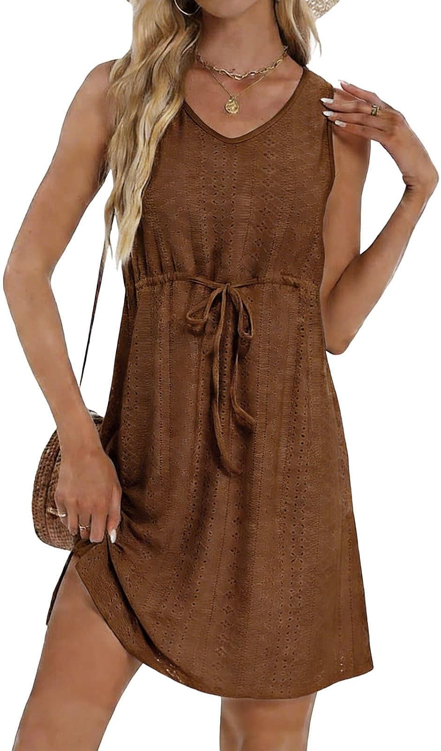 Summer Dresses for Women Sleeveless Dress V Neck Tank Dress Eyelet Drawstring Tank Sundresses with Pockets