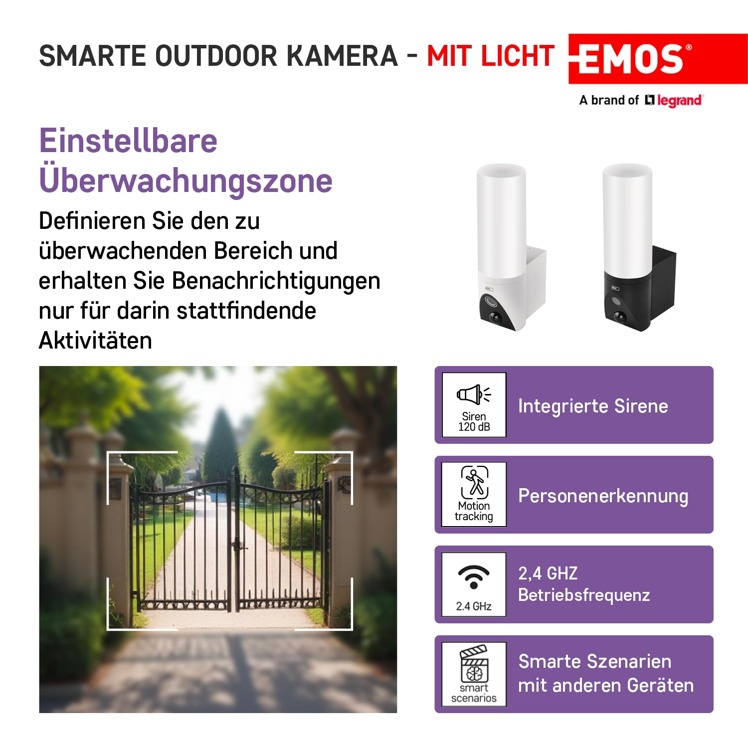 EMOS GoSmart kamera do monitoringu Smart Home Outdoor ze światłem – obracająca się o 3 MP kamera IP z aplikacją – noktowizor i syrena – kompatybilna z Google Assistant i Alexa – wodoszczelna, biała