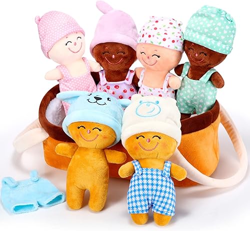 Skylety 6 muñecas multiculturales de bebé de 7 pulgadas, cesta suave de bebés, muñecas de felpa diversas, muñecos de felpa de peluche étnicos con