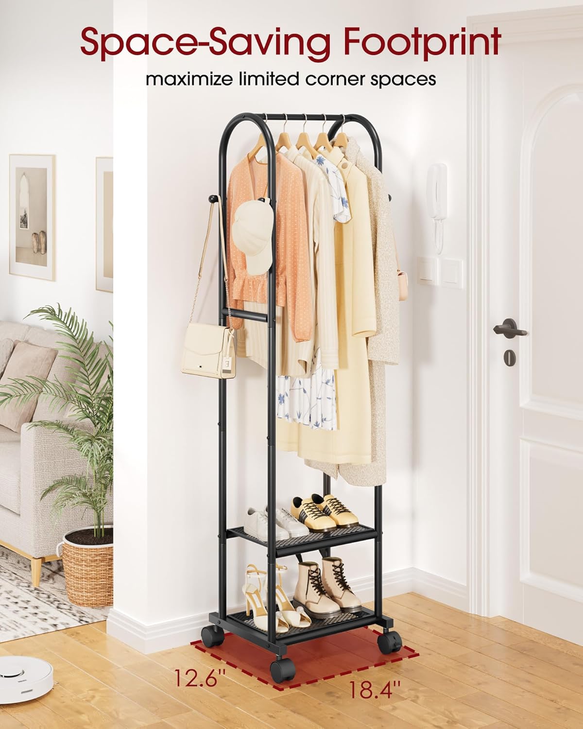 Heavy Duty Premium Clothes Rack with 2-Tier Mesh Shoe Shelves & 4 Hooks, Lockable Wheels, Space-Saving, Multi-Functional for Bedroom, Entryway, Closet, Modern Design, 18.4" x 12.6" x 72", Black