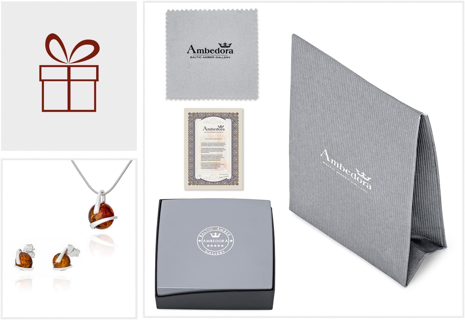 Small Women's Jewellery Set Amber 344, Polished Sterling Silver, Baltic Amber in Cognac Colour, Silver Pendant on Chain and Earrings - Image 6