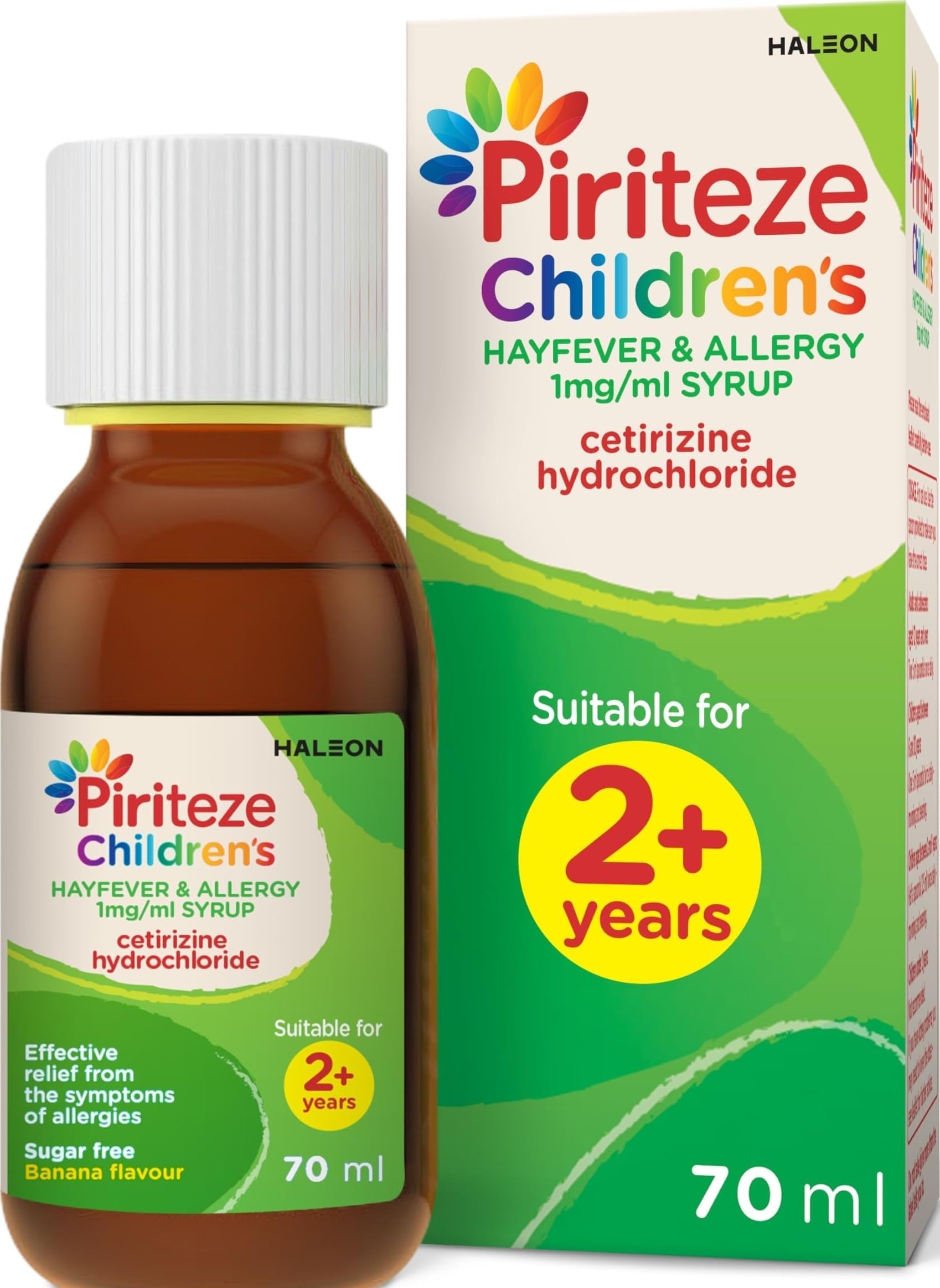 Piriteze Children’s Hayfever & Allergy Syrup. Sugar free, banana flavour syrup containing cetirizine (antihistamine). 2 years+, 70ml