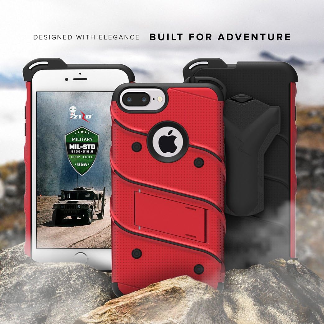 ZIZO Bolt Series for iPhone 8 Plus Case Military Grade Drop Tested Tempered Glass Screen Protector Holster iPhone 7 Plus case RED Black