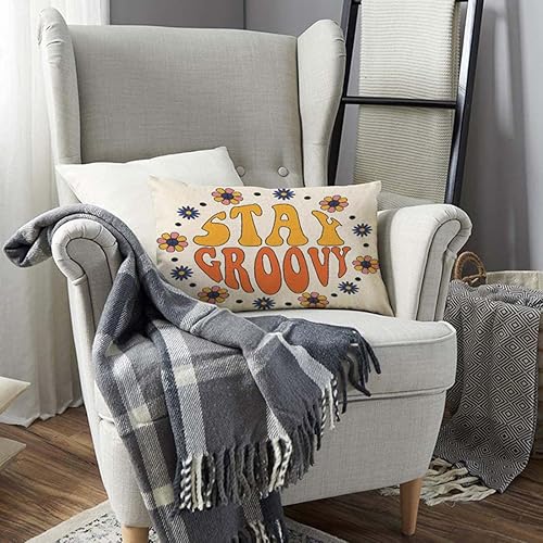 Miniatura 5 de TKS MITLAN Fundas de almohada decorativas con eslogan retro Stay Groovy, estampado de flores hippie en círculo, fundas de almohada de lino rústico