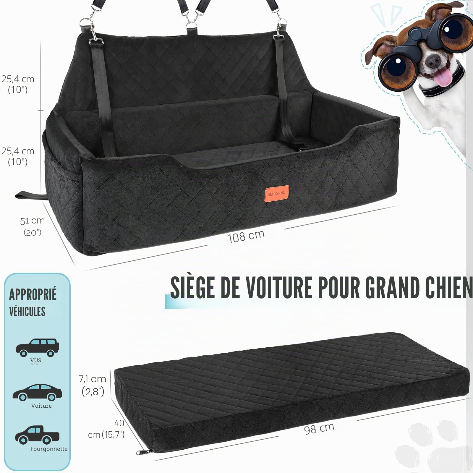 HEGGCOOE Grand siège auto pour chien de moins de 45,4 kg, lit de voiture lavable pour 2 chiens de taille moyenne, siège rehausseur amovible pour animal de compagnie avec poche de rangement et ceinture