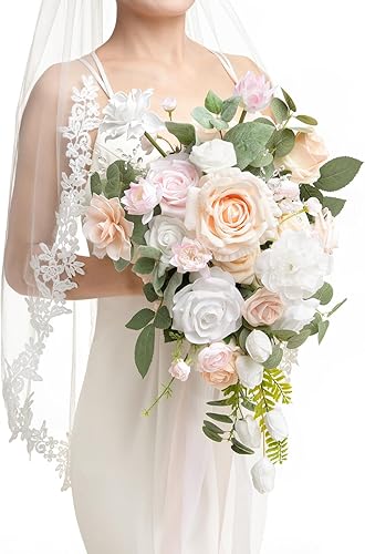 Ling's moment Blush Pink Bridal Bouquet Cascading, Coral Wedding Bouquets for Br