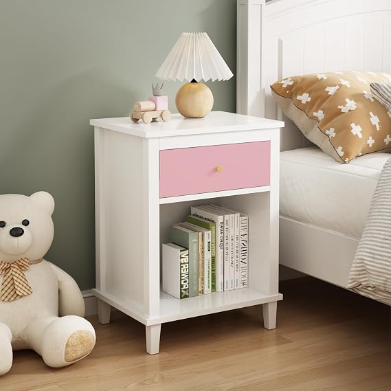 Multi-Functional Nightstand,Bedside Cabinet with Single Drawer and Storage Shelf,Two Tone Design End Table for Living Room,Bedroom,Pink