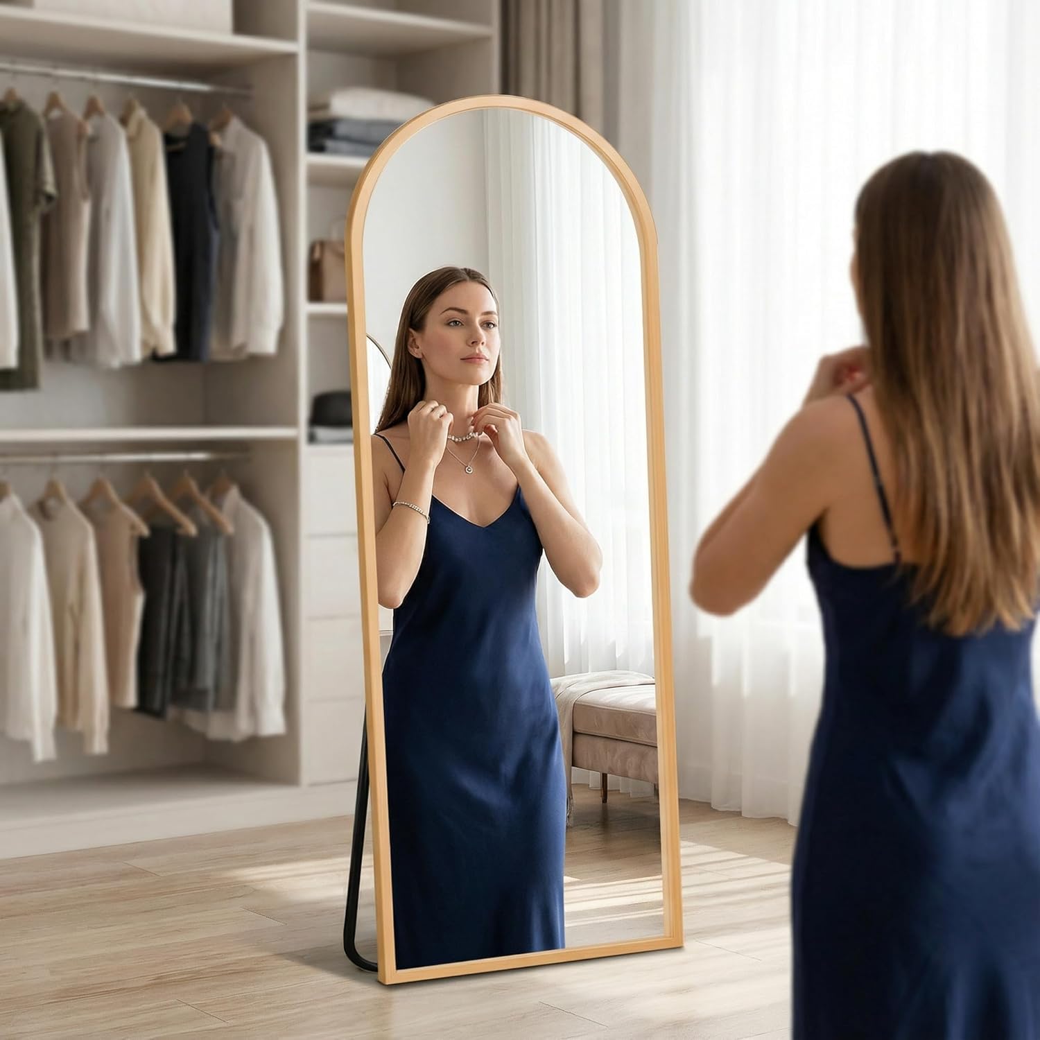 Full Length Mirror, 56"x18" Arched Standing Full Body Mirror - Hanging or Leaning Floor Mirror with Stand Aluminum Alloy Frame for Bedroom, Entryway, or Dressing Area, Gold