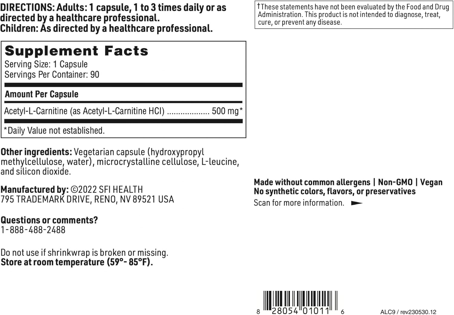 Klaire Labs SFI Health Acetyl-L-Carnitine 500 mg - Hypoallergenic Acetyl L-Carnitine Supplement - Promotes Cognitive Health, Energy Production & Brain Support (90 Capsules)