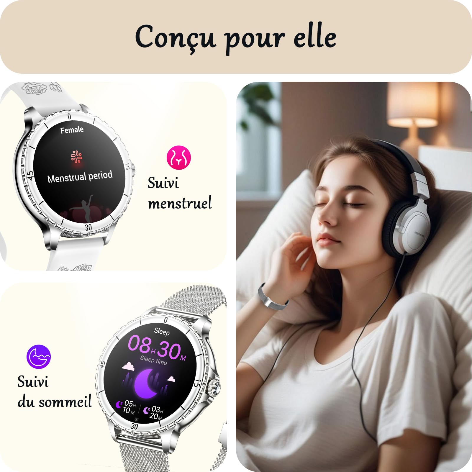 Montre Connectée Femme avec Appel Bluetooth, 1,27" Smartwatch avec Fréquence Cardiaque/SpO2/Sommeil Montre, 120+ Mode Sportifs Montre, IP68 étanche Fitness Podomètre Compatible pour Android iOS