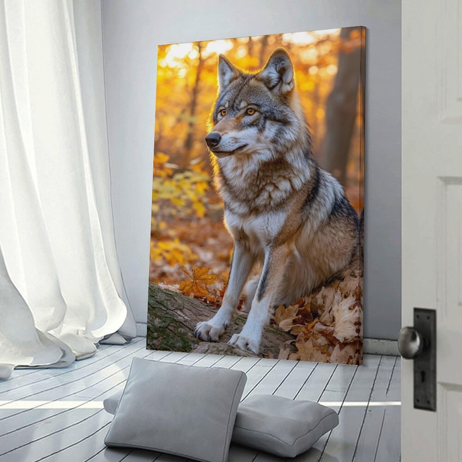 Junmoney Frame-Style-23 Wolf In Autumn Forest Home Decor Wall Art, 16X24inch(40X60cm), For Work Areas, Reading Rooms Or Studios, An Interior Accent For Desk Areas