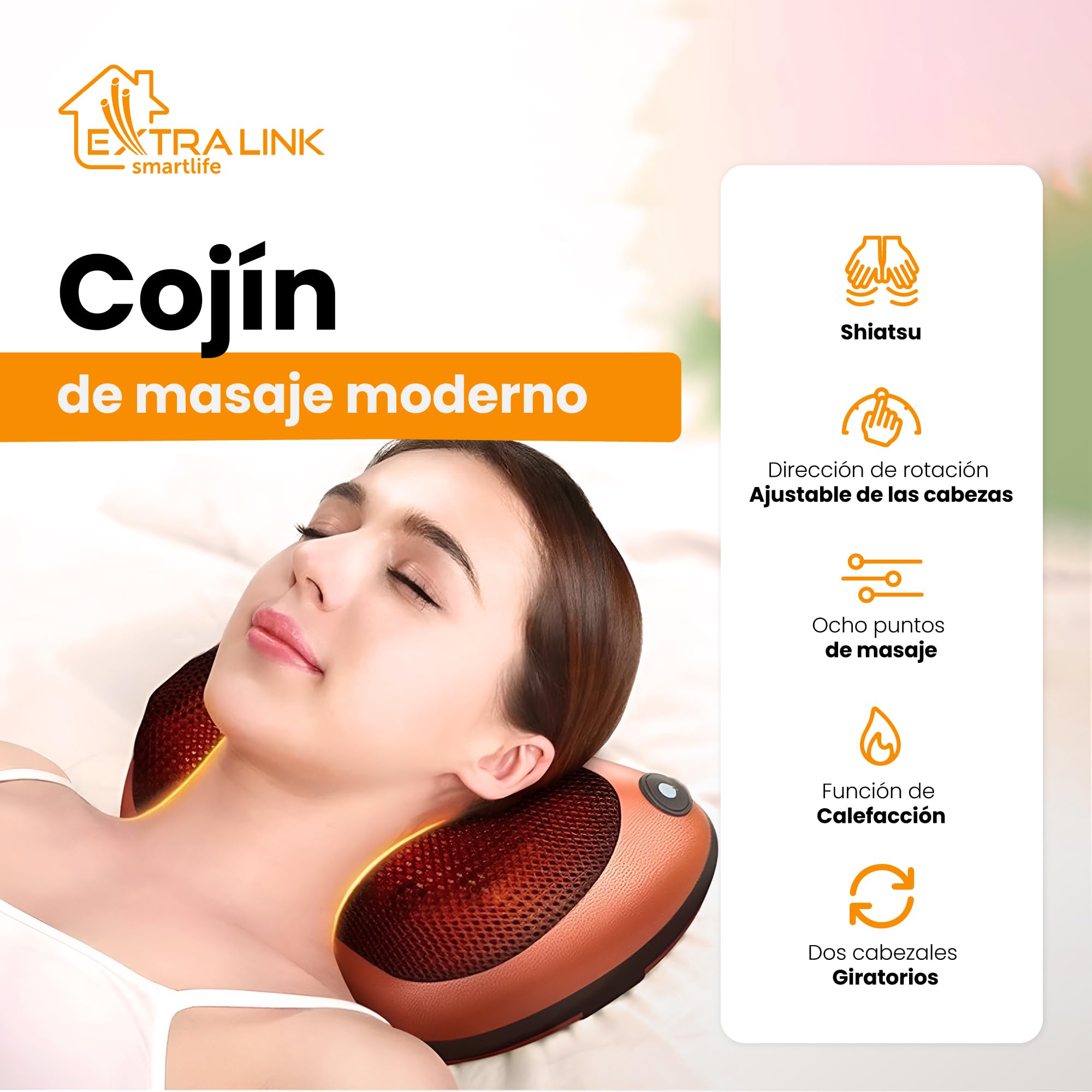 Extralink Masajeador Cervical y Espalda, Masajeador Espalda con 8 Cabezales de Masaje, Alimentación de CA y CC, Función de Calefacción, Shiatsu, Relajante, Aplicable a Varias Zonas, cojin masajeador