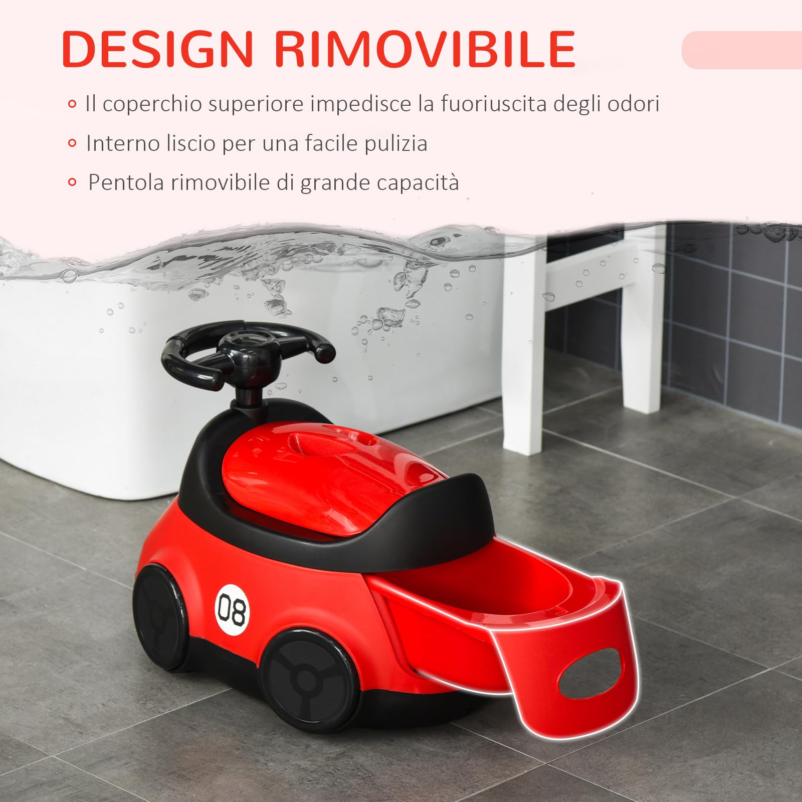 HOMCOM Vasino per Bambini da 6 Mesi a 3 Anni, WC per Bambini a Forma di Macchina con Volante e Vaschetta Rimovibile, Rosso