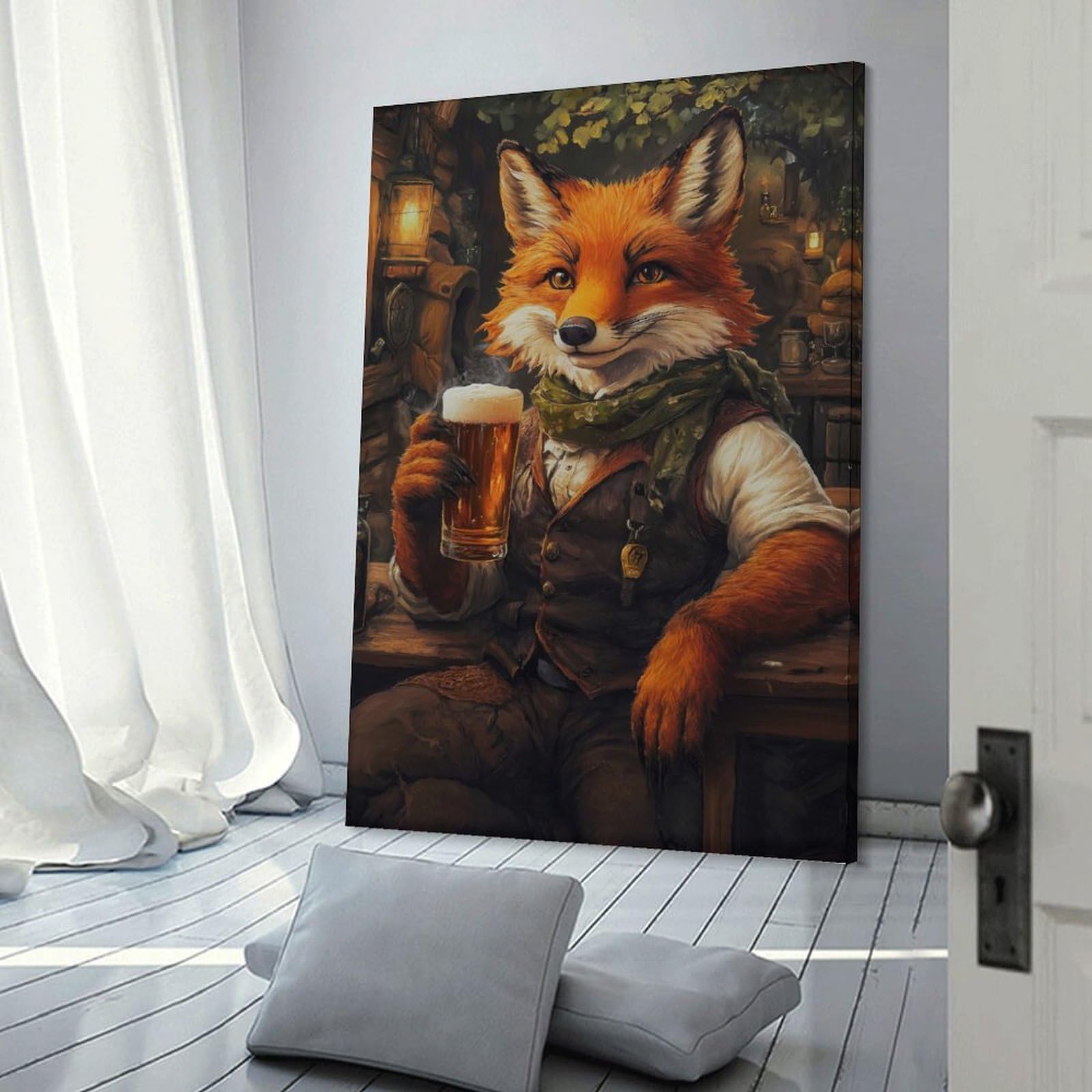 Junmoney Fox with Beer in Tavern Wall Picture Print 24x36inch(60x90cm), for Lounge Decor, Offices Or Entryway Styling, A Flexible Wall Accent for Shared Spaces