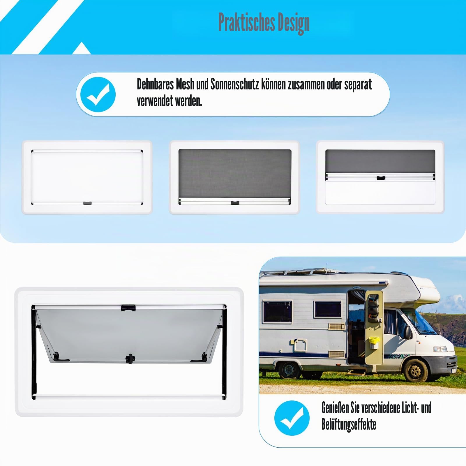 900x500mm Wohnmobilfenster, Wohnmobil Lüftungsfenster mit Sonnenschutz & Fliegengitter, Aluminium Ausstellfenster, Wohnwagen Campingbus Fenster Schiebefenster für RV Wohnwagen Van Camper