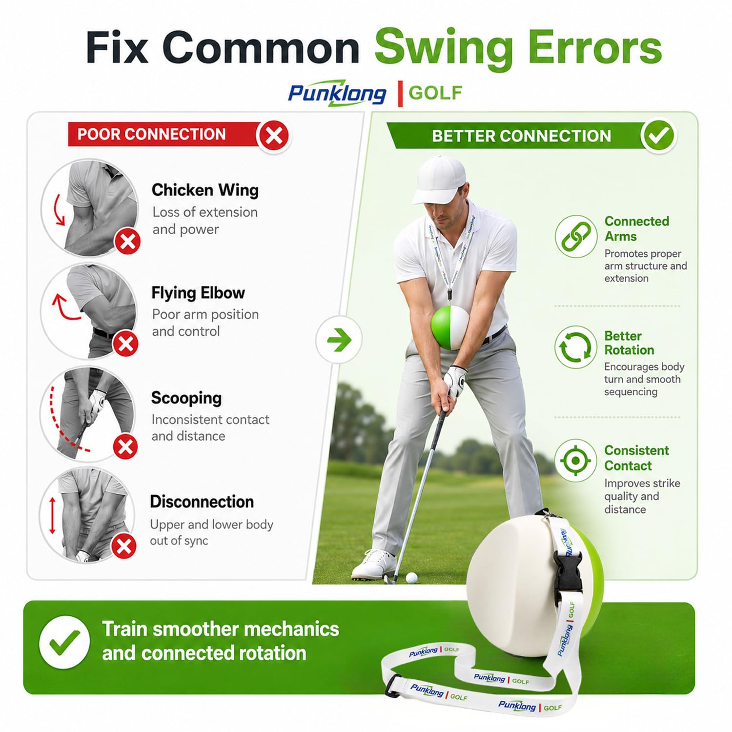 Balón de entrenamiento de swing de golf, conexión de brazo, ayuda