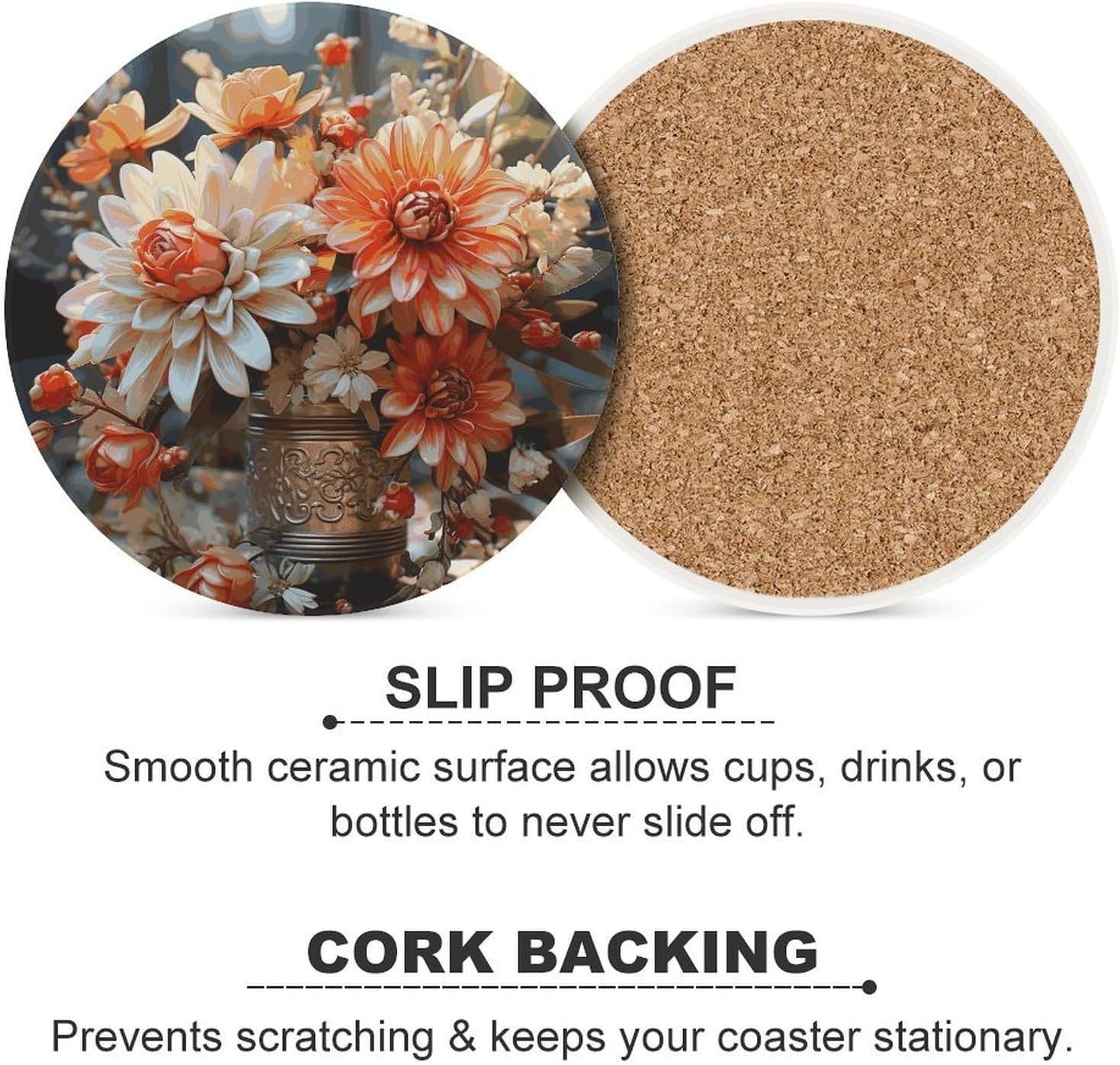 Orange Flowers Coasters for Drinks Absorbing Round Ceramic Stone Coaster with Cork Base Coffee Cup Beverage Table Cup Mat Modern Style Bar Coaster Set for Home Decor