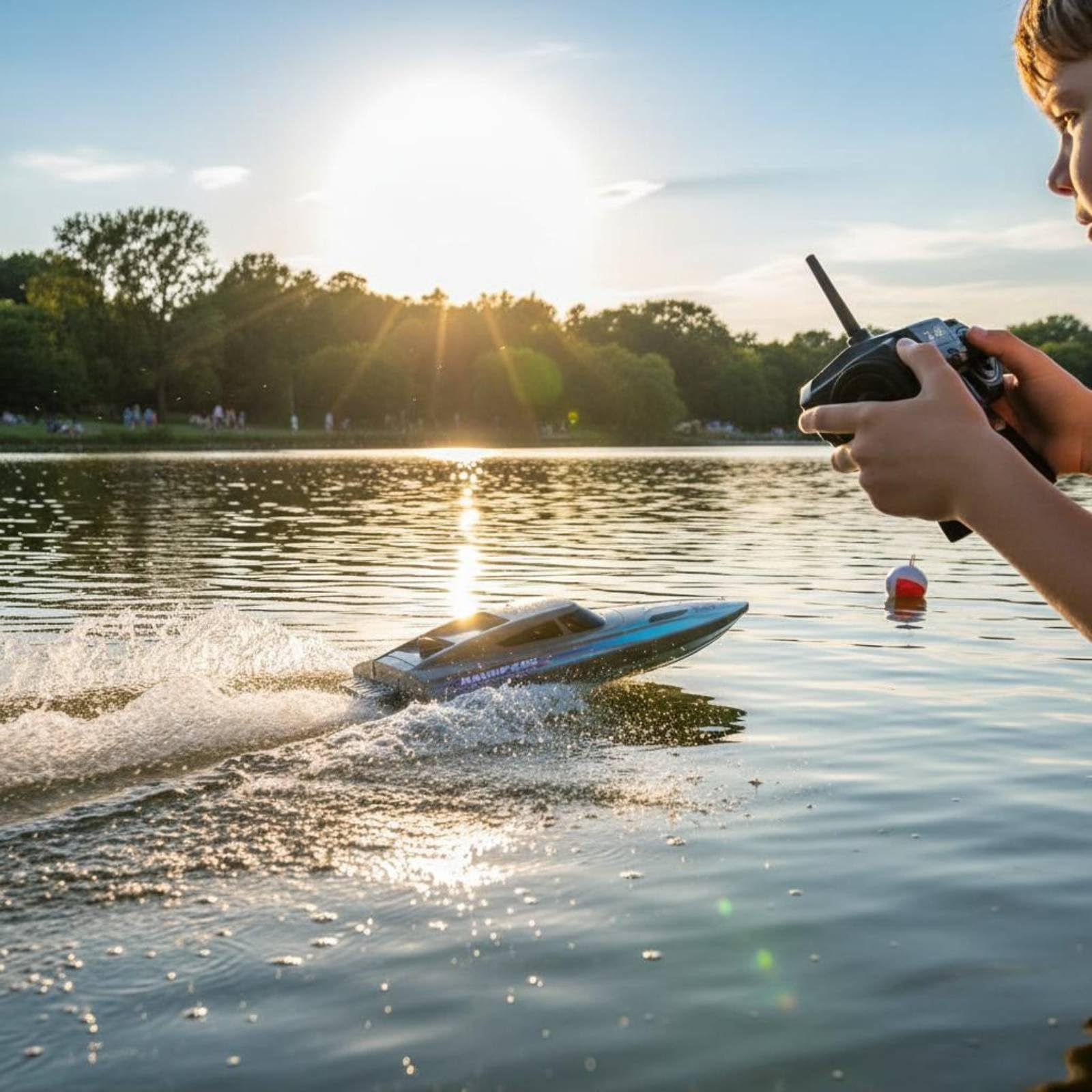 Barco RC de Velocidad Lancha Teledirigida Deportiva Juguete Acuático Control Remoto Función Advertencia Luces LED Adecuado para Entretenimiento Infantil Actividades Acuáticas, Marrón