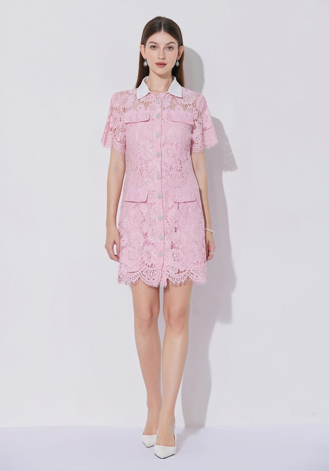 LAI MENG FIVE CATS Women's Summer Short Dress Lace Floral Short Sleeve Contrast Collar Button Mini Dress - Image 3