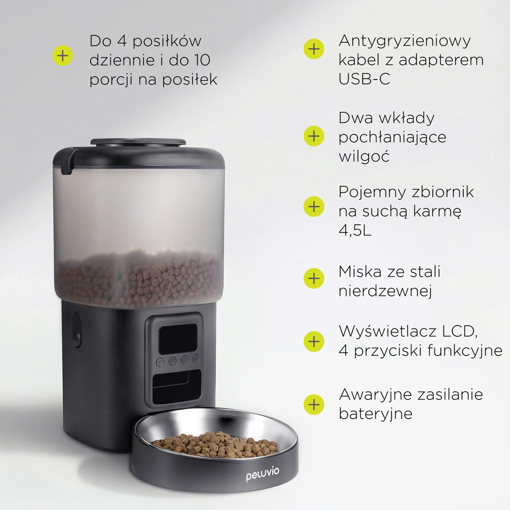 CRISPY Automatyczny dozownik karmy dla psów i kotów 4,5 l z programowalnymi porcjami, zegarem i wyświetlaczem LCD, stalową miską, USB-C, dozownik krokietów i wody dla zwierząt domowych (czarny