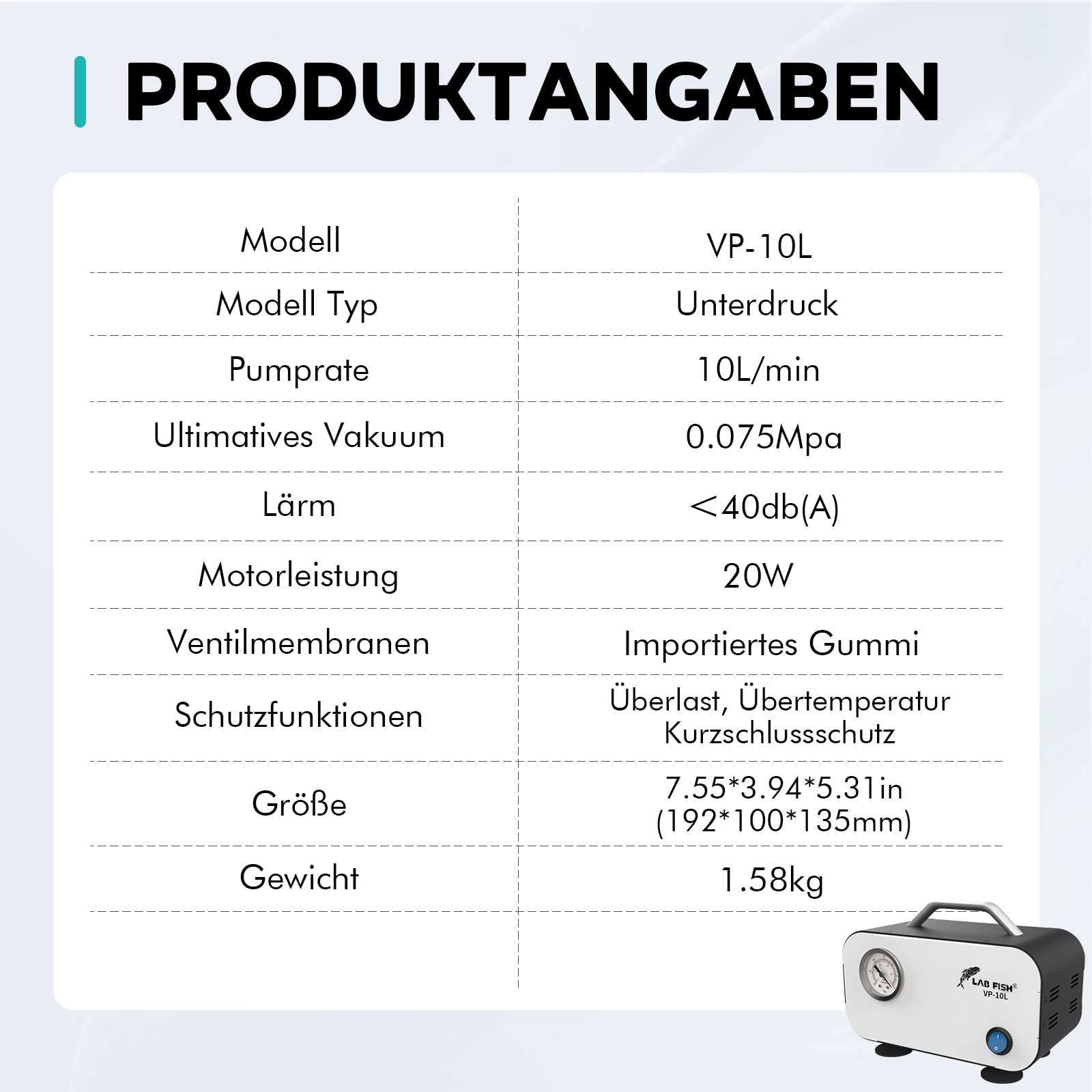 LAB FISH Ölfreie Membran-Vakuumpumpe Tragbar, 10L/min 0,075Mpa Laborpumpe mit Gummischlauch