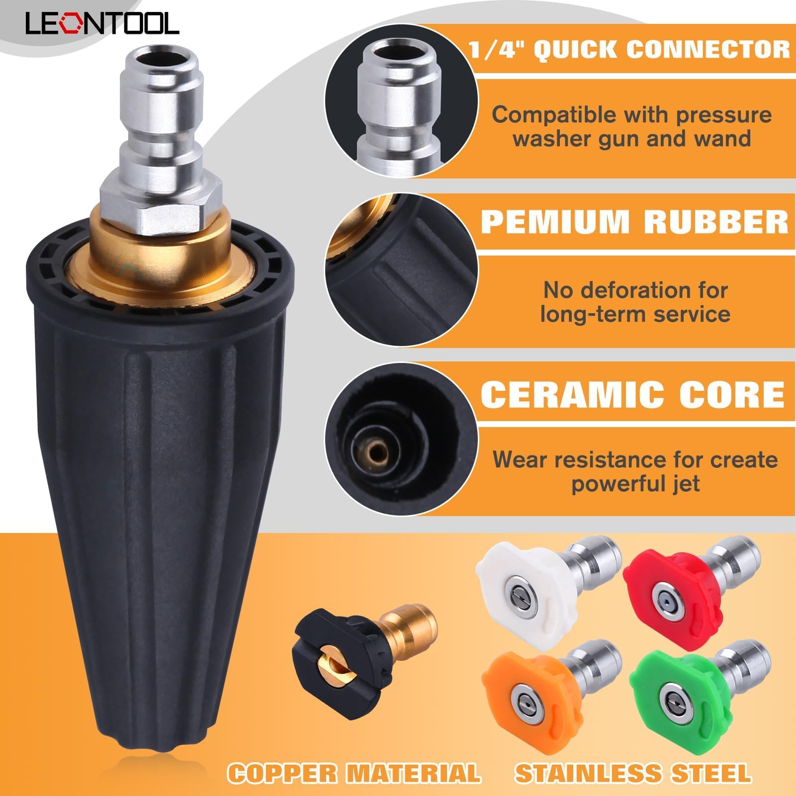 LEONTOOL Obrotowa obracana o 360° dysza turbo do myjki wysokociśnieniowej 3600 PSI z szybkim przyłączem 6,35 mm, wiele stopni 5 stopni (0,15, 25, 40, mydło) dysze do myjki wysokociśnieniowej do betonu