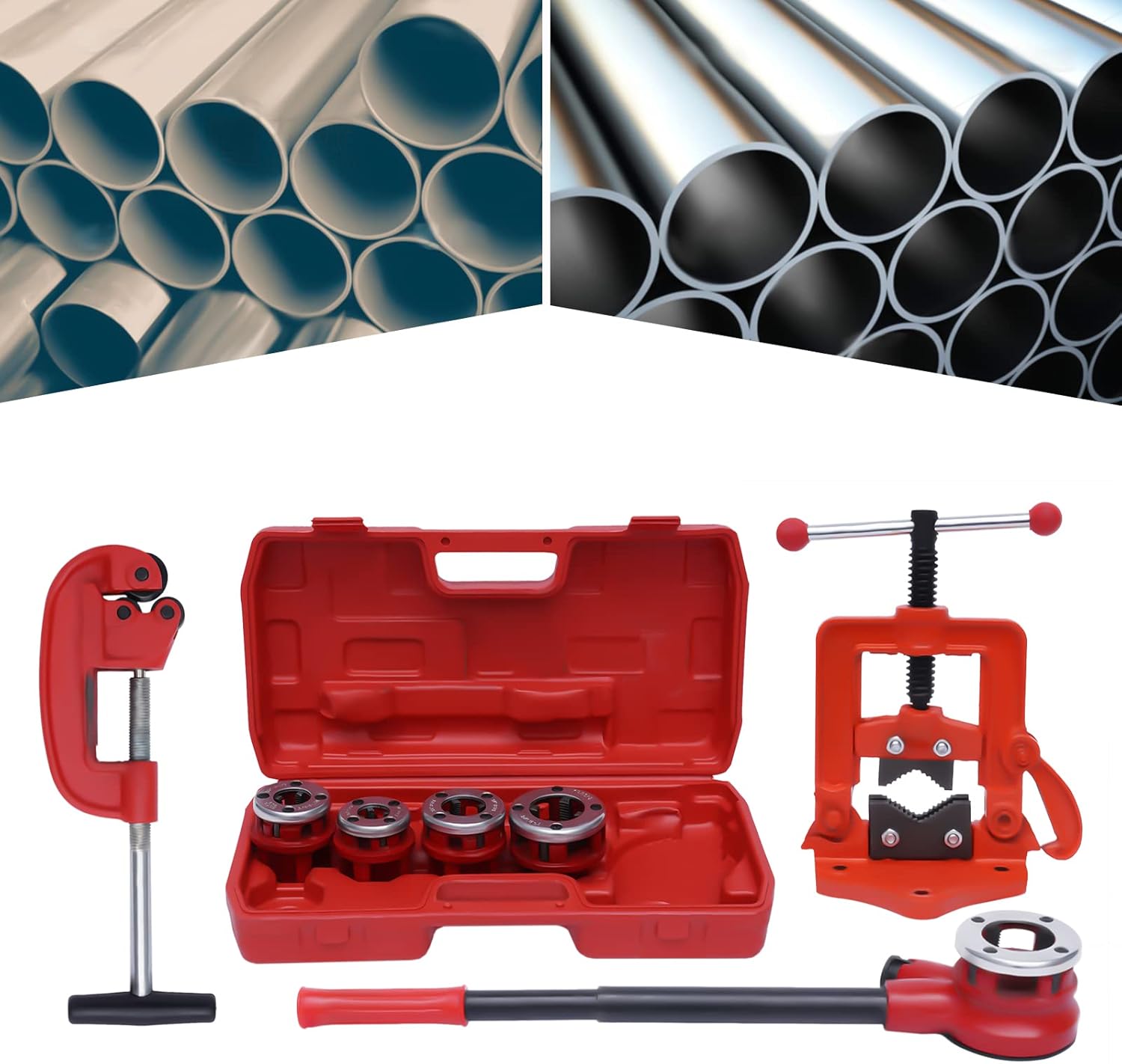 Pipe Thread Kit,Handheld Pipe Threader Ratchet Kit W/5 Stock Dies Set, Portable Manual Ratcheting BSPT Pipe Threading Tool Set, Portable Pipe Die Set 3/8",1/2",3/4",1",1-1/4"(5 Molds)
