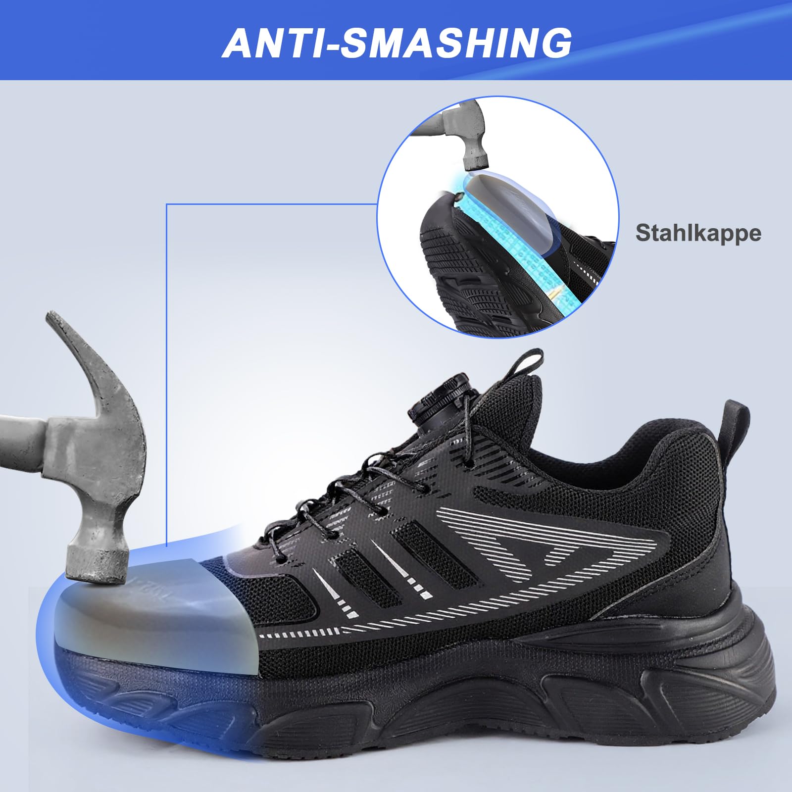 Arbeitsschuhe Herren Sicherheitsschuhe Stahlkappenschuhe mit Drehschnalle Schnürsenkeln rutschfeste Leichte Arbeitsschuhe