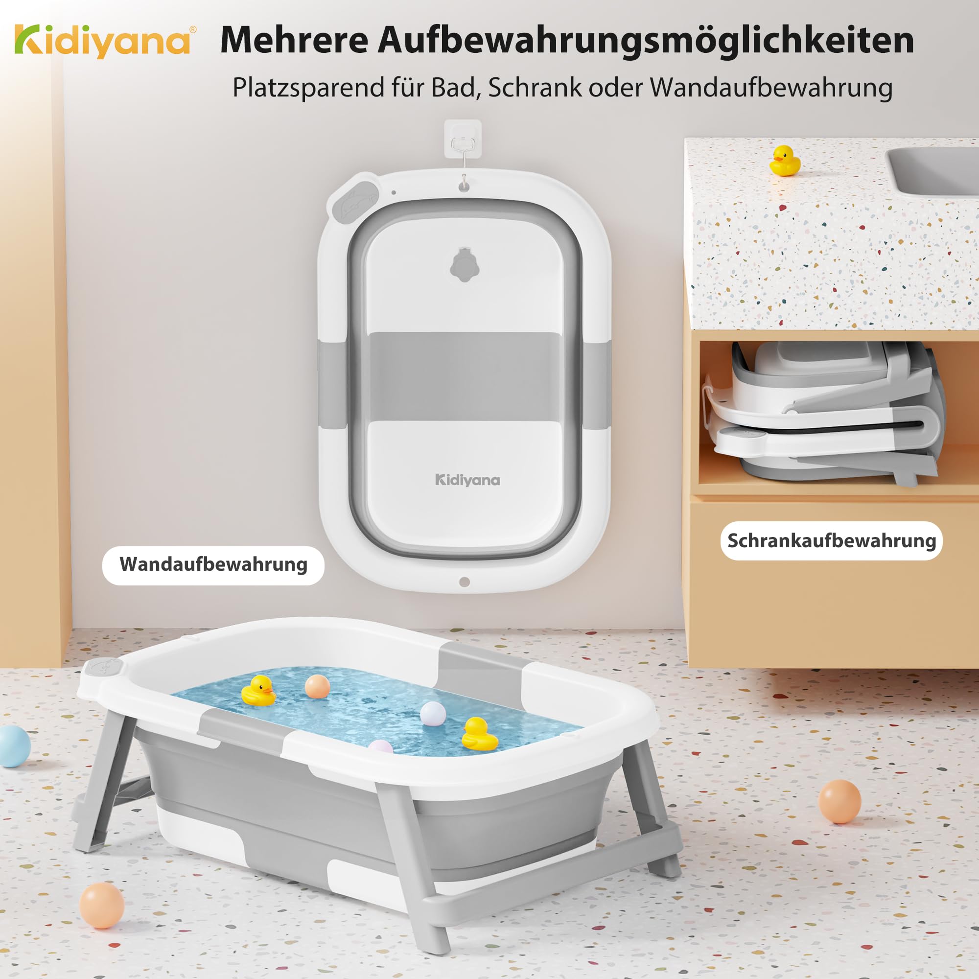 Kidiyana Baby Badewanne faltbar mit Gestell, stabil und rutschfest, platzsparend klappbar, mit Ablauf, PP & TPE, 30L, Babywanne kompakt tragbar, faltwanne, 0–3 Jahre - 4