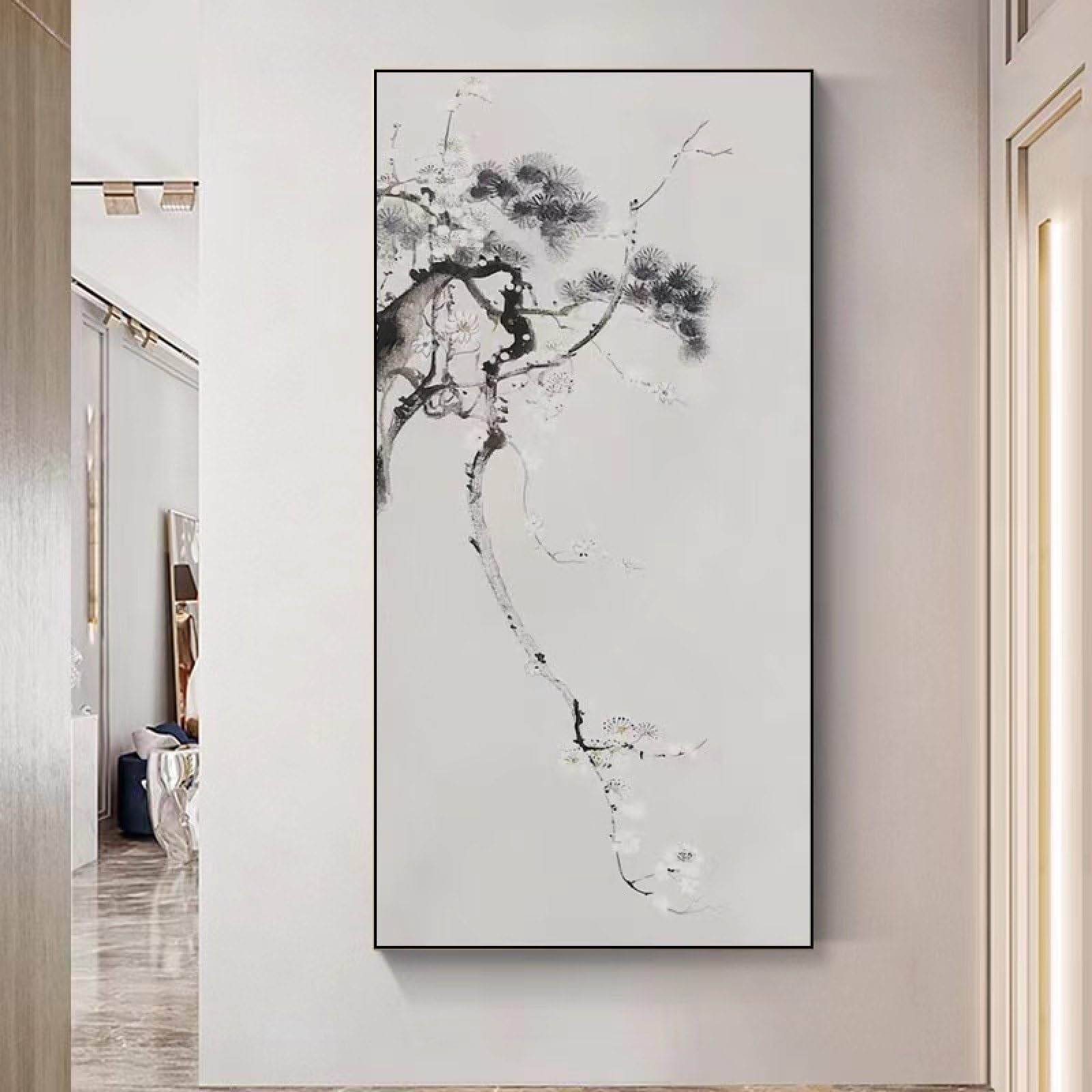 Peinture fleur de prunier pour grand mur de salon au design moderne épuré