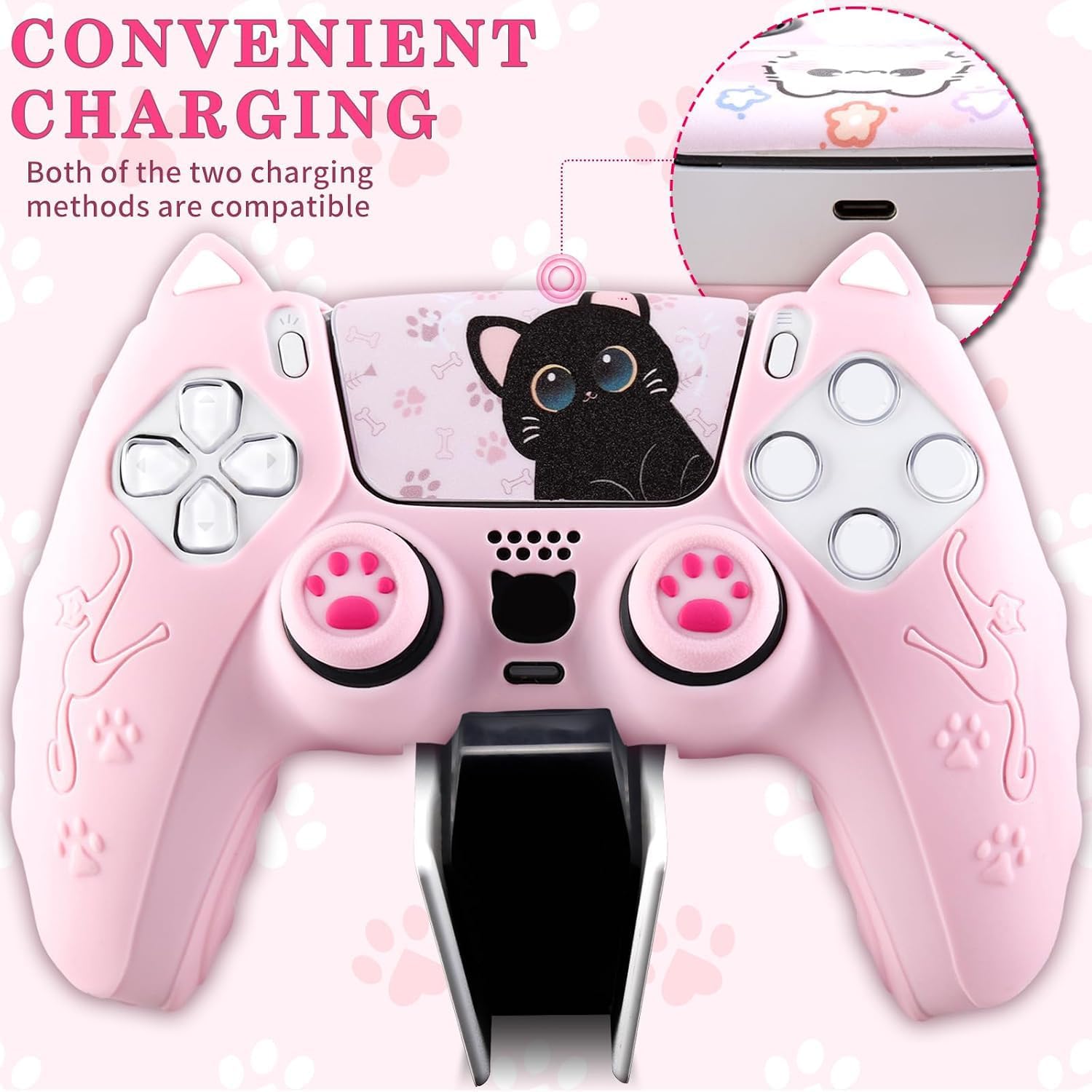 Pink Cute Cat-Ear Controller Skin Set, Silicone Controller Cover for PS5 Wireless Grip, Comes with 2 PS5 Thumb Grips and 2 Cartoon Stickers